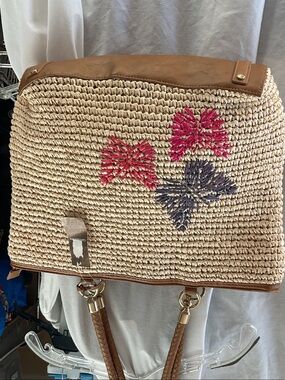 GIAN BENINI STRAW.  Woven Tote with Pink & Purple Embroidery
